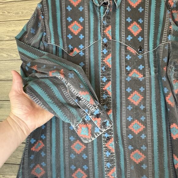 VTG Wrangler Brushpopper Shirt Mens 17.5 X 35 Black Aztec X Long Tail Cowboy XL - Picture 6 of 13